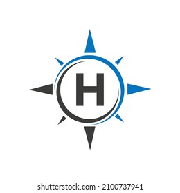 Compass Logo Design On Letter H Concept. Letter H Compass Adventure Logo Sign Vector Template