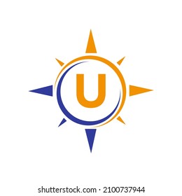 Compass Logo Design On Letter U Concept. Letter U Compass Adventure Logo Sign Vector Template