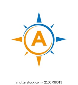 Compass Logo Design On Letter A Concept. Letter A Compass Adventure Logo Sign Vector Template