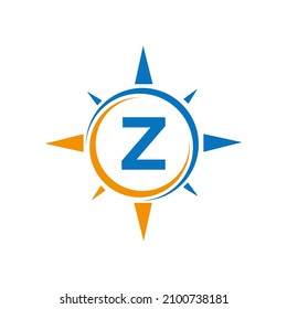 Compass Logo Design On Letter Z Concept. Letter Z Compass Adventure Logo Sign Vector Template