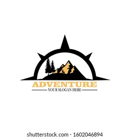 Compass logo design template, adventure camp outdoor, college. Trekking, vintage tee print design