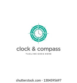 A compass logo design template. Awesome a compass with clock logo. A compass with clock lineart logotype.