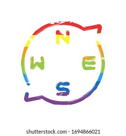 compass logo with letters of directions, linear outline icon. Drawing sign with LGBT style, seven colors of rainbow (red, orange, yellow, green, blue, indigo, violet
