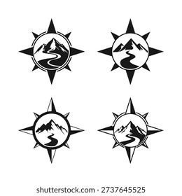 Compass logo with mountain peaks and river silhouette