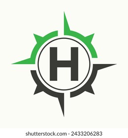 Compass Logo On Letter H Alphabet. Navigator Symbol