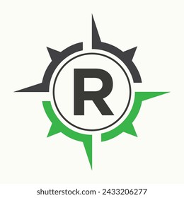 Compass Logo On Letter R Alphabet. Navigator Symbol