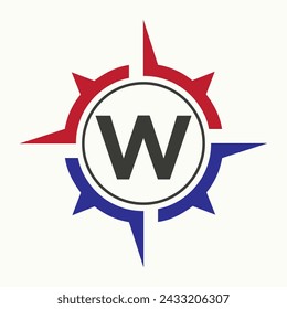 Compass Logo On Letter W Alphabet. Navigator Symbol