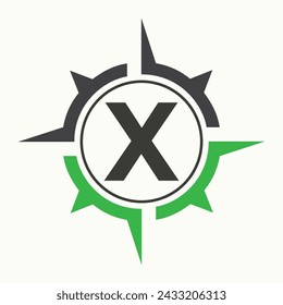 Compass Logo On Letter X Alphabet. Navigator Symbol