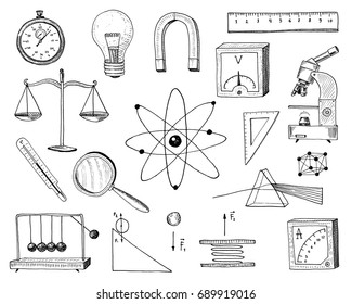 compass and magnet, alpelmet with thermometer and microscope. engraved hand drawn in old sketch and vintage symbols. Calculation in physics Back to School Element of Science and laboratory experiments.