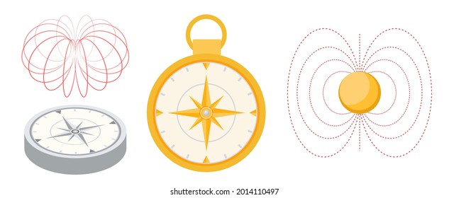 Compass And Magnet Field Of Earth, Electric Charges Diagram, Physics Pole, Electric Magnetic Lines, Electromagnet Diagram And Navigation Tool. Isolated On Background. Cartoon Vector Illustration