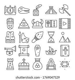 compass, map, bone, dinosaur, quill, pyramid, battle axe, Aztec, pyramid, eye icons set. Vector minimalistic illustrations pack