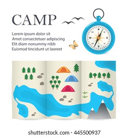 Compass and map in a flat, cartoon style. Vector illustration .