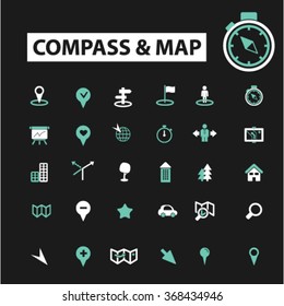 brújula, iconos de mapa, conjunto de signos, vector
