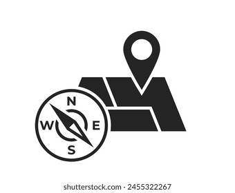 compass and map with location pin icon. travel, hiking and navigation symbol. isolated vector illustration for tourism design