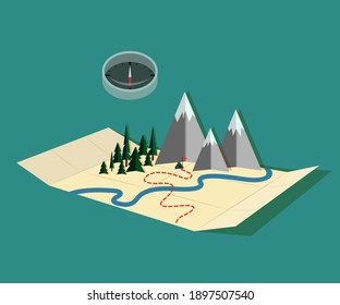 Compass and map with river, route, papercut trees and mountains