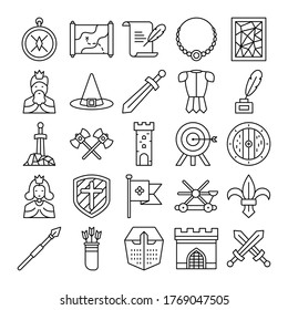 brújula, mapa, escritura, collar, vidrio manchado, rey, iconos de los asistentes. Paquete de ilustraciones minimalistas vectoriales