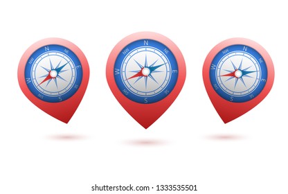 Compass marker on a white background. Can be used to indicate a location on a map. The compass needle is adjustable as desired. Objects are isolated.