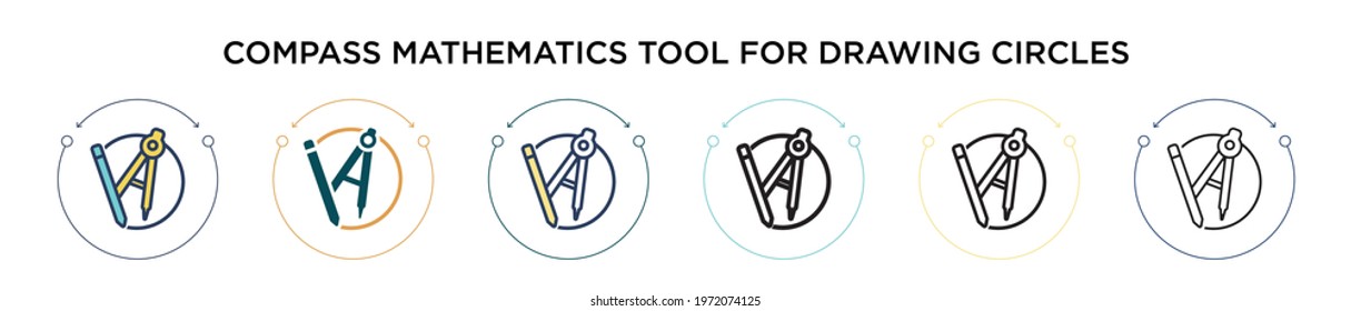 Compass mathematics tool for drawing circles icon in filled, thin line, outline and stroke style. Vector illustration of two colored and black compass mathematics tool for drawing circles vector
