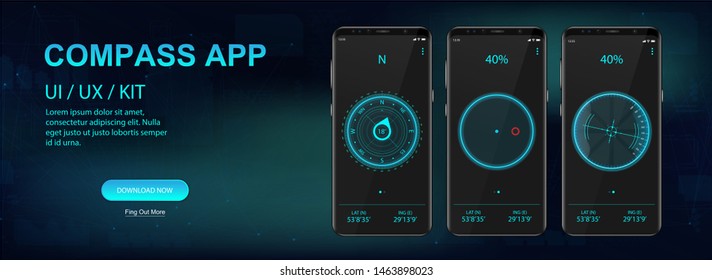 Compass Mobile Application, UI, UX, KIT. Three screenshots of applications on smartphones. Navigation mobile App. Compass GUI. Futuristic style. Vector set