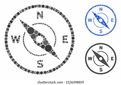 Compass mosaic for compass icon of filled circles in different sizes and color tints. Vector filled circles are combined into blue collage. Dotted compass icon in usual and blue versions.