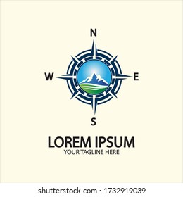 Compass with mountain for logo design illustrator  exploration icon  hiking tool.