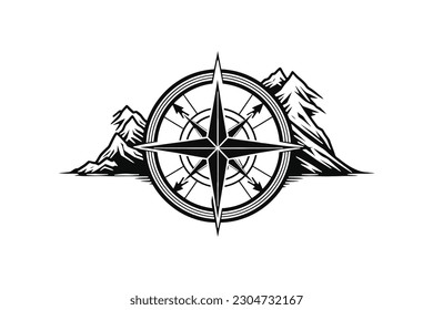 Compass mountain vintage retro  Minimal Vector Logo Design Tshirt Sublimation Illustration Tattoo Art