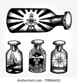 Compass and mountains in bottle tattoo art. Lighthouse and tsunami t-shirt design. Symbol tourism, travel, adventure 