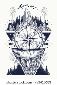 Compass, mountains and night forest boho style, t-shirt design. Adventure, travel, outdoors, symbol 