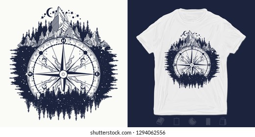 Compass and mountains. Print for t-shirts and another, trendy apparel design.  Adventure, travel, outdoors, symbol 