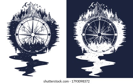 Compass, mountains and river of stars flows tattoo. Adventure, travel, outdoors, symbol t-shirt design. Black and white vector graphics 
