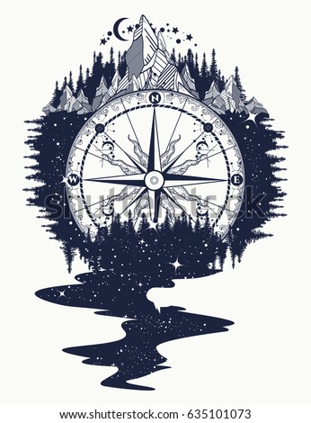 Compass, mountains, river of stars flows tattoo. Mountain antique compass and wind rose. Adventure, travel, outdoors symbol
