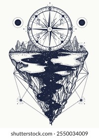 Compass, mountains and river. Tattoo and t-shirt design. Outdoors art. Esoteric symbol of tourism, adventure and travel