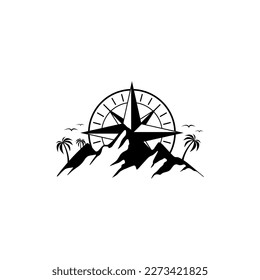 Compass, mountains, trees and birds. Vector illustration.
