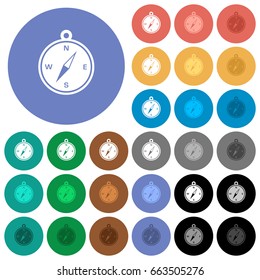 Compass multi colored flat icons on round backgrounds. Included white, light and dark icon variations for hover and active status effects, and bonus shades on black backgounds.