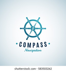 Compass Navigation Abstract Vector Sign, Emblem or Logo Template. Arrow integrated into the Steering Wheel Symbol with Retro Typography. Creative Concept. Isolated.