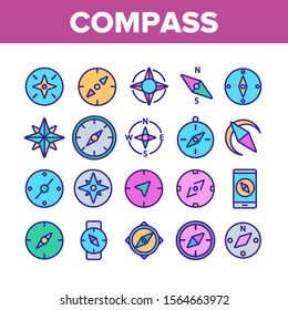 Compass Navigation Collection Icons Set Vector Thin Line. Compass Map Navigate Equipment And Cartography Mark Concept Linear Pictograms. Traveler Device Color Illustrations