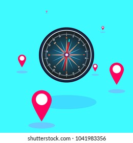 Compass navigation with geo pins, direction, map, gps, way