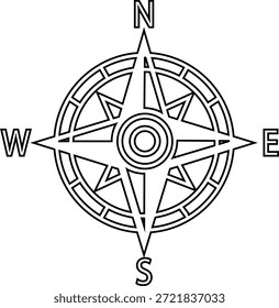 Brújula de navegación Icono de dirección y Orientación Icono de Ilustraciones vectoriales de línea, añadir brújula Rosa, Rodamiento, Ruta, Guía de viaje, Icono negro