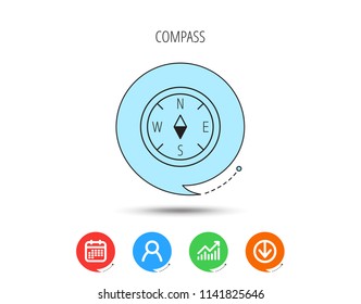 Compass navigation icon. Geographical orientation sign Calendar, User and Business Chart, Download arrow icons. Speech bubbles with flat signs. Vector
