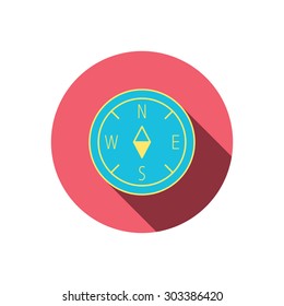 Compass navigation icon. Geographical orientation sign Red flat circle button. Linear icon with shadow. Vector