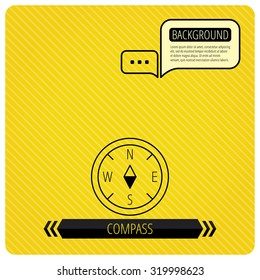 Compass navigation icon. Geographical orientation sign Chat speech bubbles. Orange line background. Vector