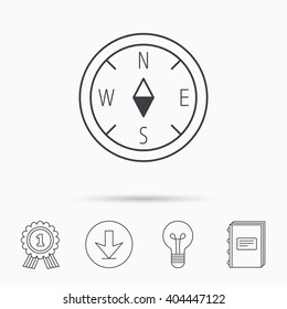 Compass navigation icon. Geographical orientation sign Download arrow, lamp, learn book and award medal icons.