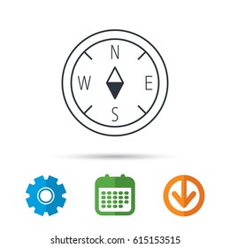Compass navigation icon. Geographical orientation sign Calendar, cogwheel and download arrow signs. Colored flat web icons. Vector
