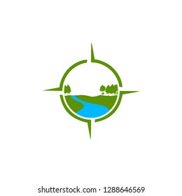Compass navigation with landscape illustration inside. Abstract landscape vector design illustration.