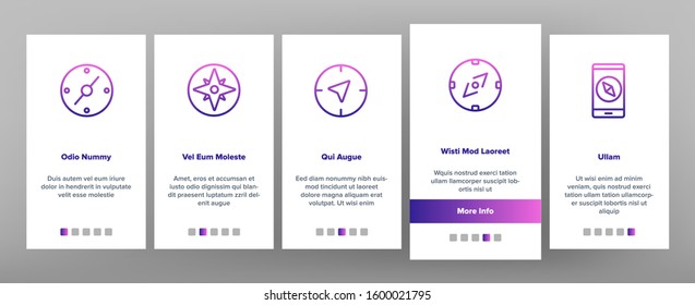 Compass Navigation Onboarding Mobile App Page Screen Vector. Compass Map Navigate Equipment And Cartography Mark Illustrations
