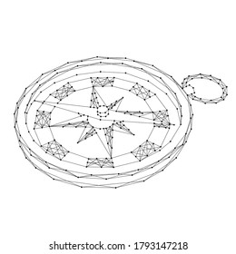 Compass for navigation and orientation to the cardinal directions from abstract futuristic polygonal black lines and dots. Vector illustration.