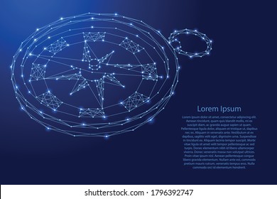 Compass for navigation and orientation to the cardinal directions from futuristic polygonal blue lines and glowing stars for banner, poster, greeting card. Vector illustration.