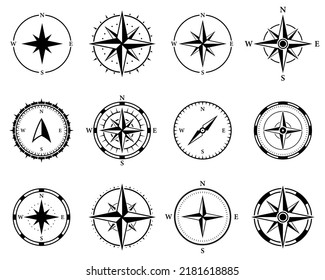 Compass Navigation Silhouette Icon Set. North South West East Orientation Direction Glyph Pictogram. Nautical Antique Rose Wind Navigator for Sea Adventure Icon. Isolated Vector Illustration.