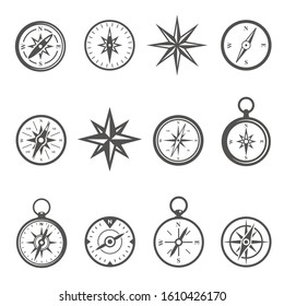 Compass, navigational equipment glyph vector icons set. Wind roses and nautical gps interfaces monochrome simple symbols pack. Vintage devices collection isolated on white background
