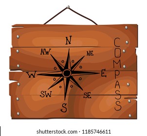compass navigations rose icon on wooden plank background. hand drawn vector illustration